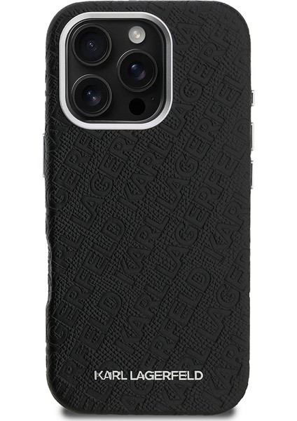 iPhone 16 Pro Uyumlu Kılıf Karl Lagerfeld Lisanslı Pu Deri Damgalı Metal Yazı Logolu Kapak Siyah modelleri