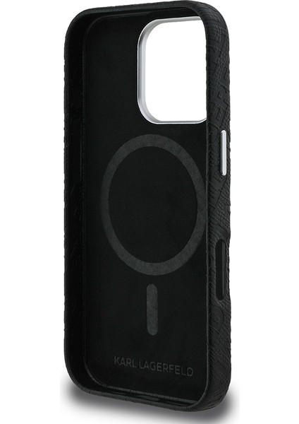 iPhone 16 Pro Uyumlu Kılıf Karl Lagerfeld Lisanslı Pu Deri Damgalı Metal Yazı Logolu Kapak Siyah