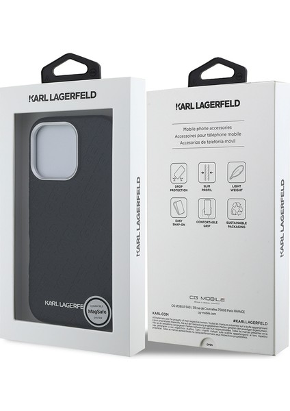 iPhone 16 Pro Uyumlu Kılıf Karl Lagerfeld Lisanslı Pu Deri Damgalı Metal Yazı Logolu Kapak Siyah