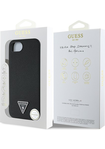 iPhone 16E Uyumlu Kılıf Guess Orjinal Lisanslı M-Safe Şarj Özellikli Grained Triangle Kapak Siyah