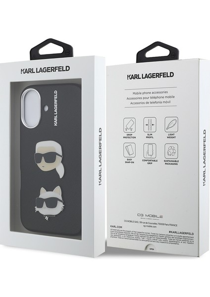 iPhone 16 Uyumlu Kılıf Karl Lagerfeld Lisanslı K&c Heads Pin Kapak Siyah