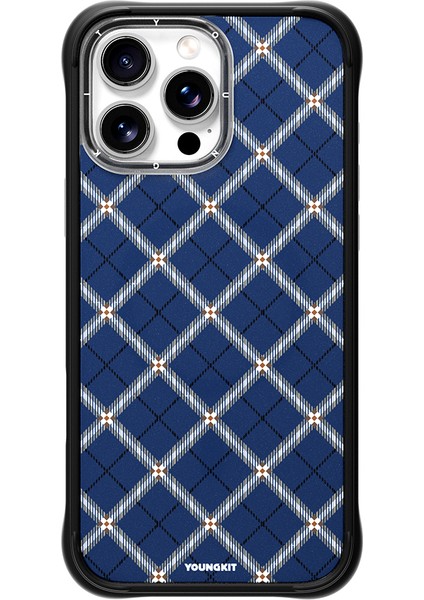 iPhone 16 Pro Max Uyumlu Kılıf M-Safe Şarj Özellikli Youngkit Argyle Serisi Kapak Mavi