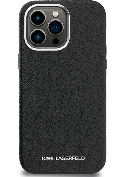 iPhone 14 Pro Max Uyumlu Kılıf Karl Lagerfeld Lisanslı Pu Deri Damgalı Metal Yazı Logolu Kapak Siyah modelleri