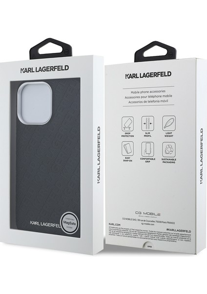 iPhone 14 Pro Max Uyumlu Kılıf Karl Lagerfeld Lisanslı Pu Deri Damgalı Metal Yazı Logolu Kapak Siyah