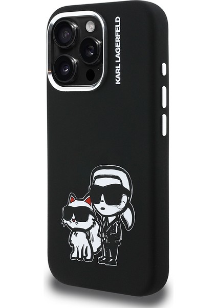 iPhone 16 Pro Max Uyumlu Kılıf Karl Lagerfeld Lisanslı Karl & Choupette Sketch Logo Sililkon Siyah modelleri