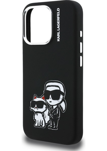 iPhone 16 Pro Max Uyumlu Kılıf Karl Lagerfeld Lisanslı Karl & Choupette Sketch Logo Sililkon Siyah