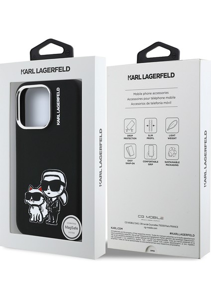 iPhone 16 Pro Max Uyumlu Kılıf Karl Lagerfeld Lisanslı Karl & Choupette Sketch Logo Sililkon Siyah