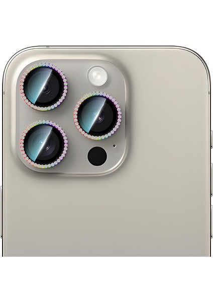 iPhone 15 Pro Uyumlu Alloy Sparkling Diamond Serisi Taşlı Lens Koruyucu Colorful