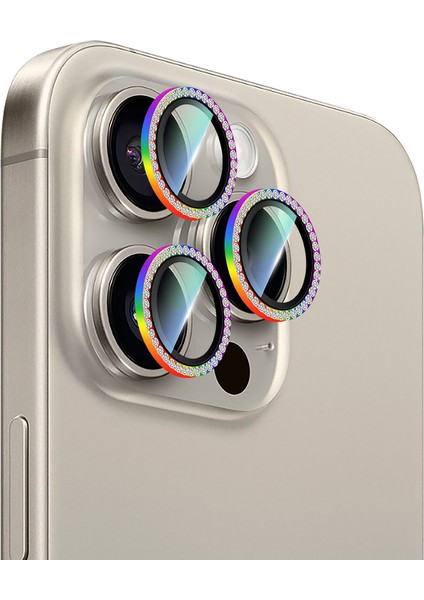 iPhone 15 Pro Uyumlu Alloy Sparkling Diamond Serisi Taşlı Lens Koruyucu Colorful modelleri