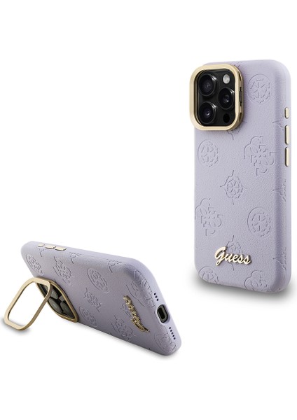 iPhone 15 Pro Max Uyumlu Kılıf Guess Lisanslı M-Safe Şarj Özellikli Kamera Standlı Peony Kapak Mor