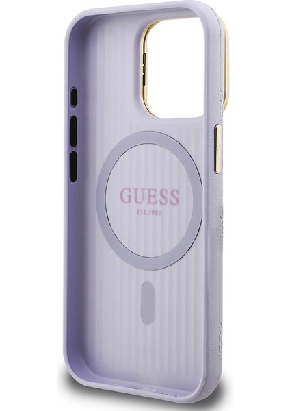iPhone 15 Pro Max Uyumlu Kılıf Guess Lisanslı M-Safe Şarj Özellikli Kamera Standlı Peony Kapak Mor