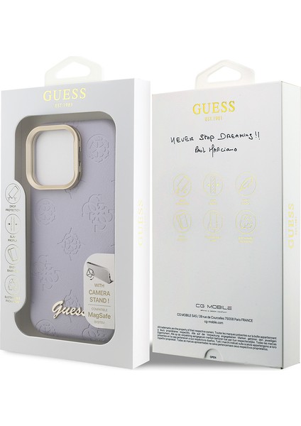 iPhone 15 Pro Max Uyumlu Kılıf Guess Lisanslı M-Safe Şarj Özellikli Kamera Standlı Peony Kapak Mor