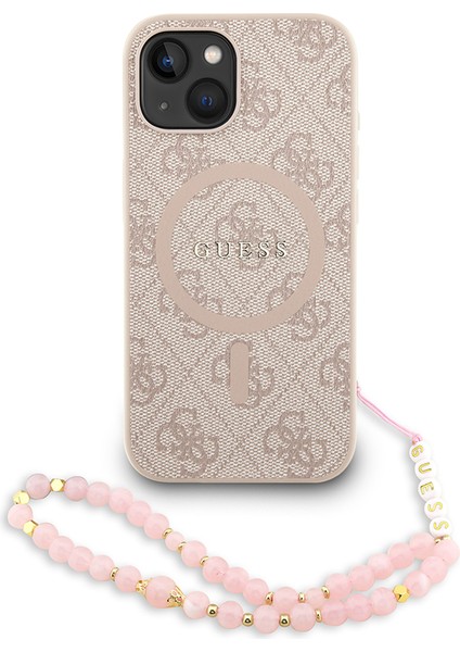iPhone 14 Uyumlu Kılıf Guess Lisanslı M-Safe Uyumlu Bilek Askı Ipli Yazı Logolu Kapak Pembe