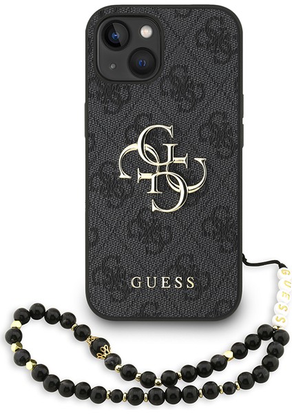 iPhone 14 Uyumlu Kılıf Guess Lisanslı Bilek Askı Ipli Metal 4g ve Yazı Logolu Kapak Siyah