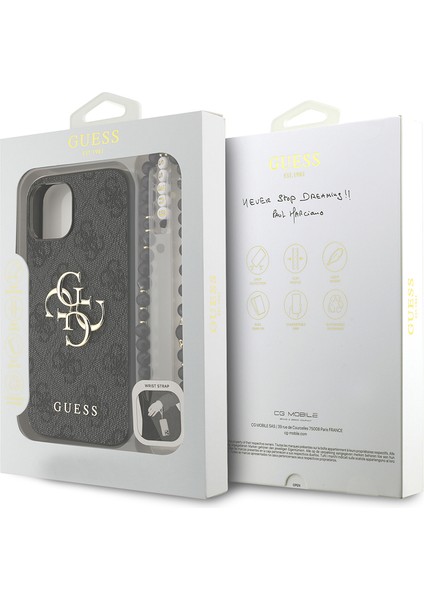 iPhone 14 Uyumlu Kılıf Guess Lisanslı Bilek Askı Ipli Metal 4g ve Yazı Logolu Kapak Siyah