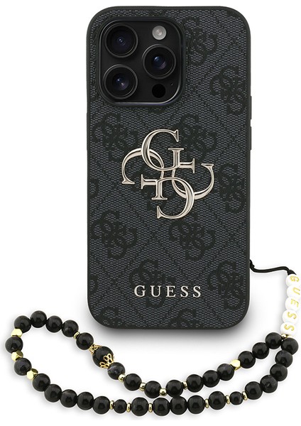 iPhone 13 Pro Max Uyumlu Kılıf Guess Lisanslı Bilek Askı Ipli Metal 4g ve Yazı Logolu Kapak Siyah