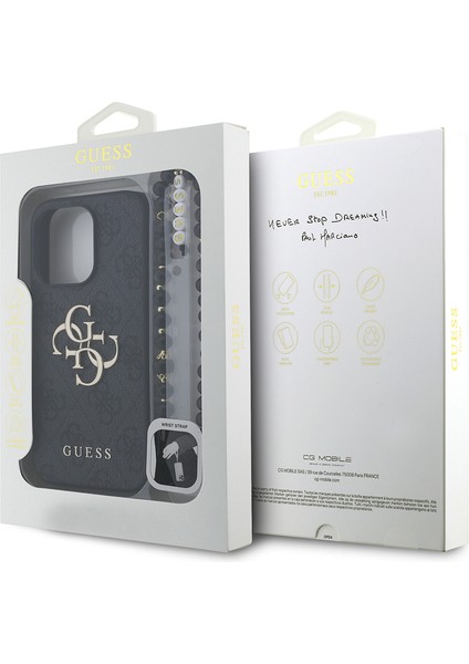 iPhone 13 Pro Max Uyumlu Kılıf Guess Lisanslı Bilek Askı Ipli Metal 4g ve Yazı Logolu Kapak Siyah