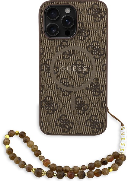iPhone 15 Pro Max Uyumlu Kılıf Guess Lisanslı M-Safe Uyumlu Bilek Askı Ipli Yazı Logolu Kapak Kahve