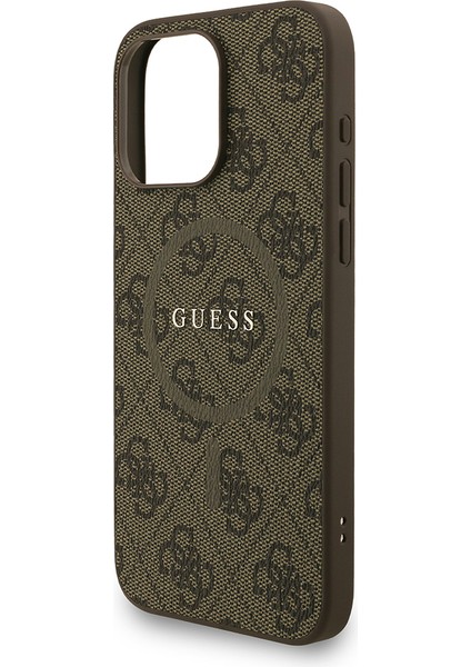 iPhone 15 Pro Max Uyumlu Kılıf Guess Lisanslı M-Safe Uyumlu Bilek Askı Ipli Yazı Logolu Kapak Kahve