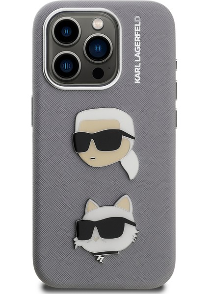 iPhone 15 Pro Max Uyumlu Kılıf Karl Lagerfeld Lisanslı K&c Heads Pin Kapak Gri modelleri