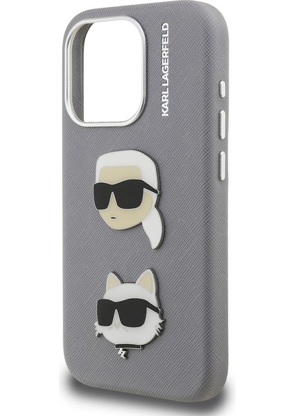 iPhone 15 Pro Max Uyumlu Kılıf Karl Lagerfeld Lisanslı K&c Heads Pin Kapak Gri
