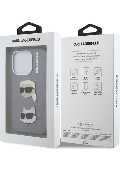 iPhone 15 Pro Max Uyumlu Kılıf Karl Lagerfeld Lisanslı K&c Heads Pin Kapak Gri