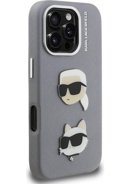 iPhone 16 Pro Max Uyumlu Kılıf Karl Lagerfeld Lisanslı K&c Heads Pin Kapak Gri modelleri