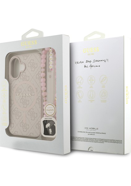 iPhone 16 Plus Uyumlu Kılıf Guess Lisanslı M-Safe Uyumlu Bilek Askı Ipli Yazı Logolu Kapak Pembe