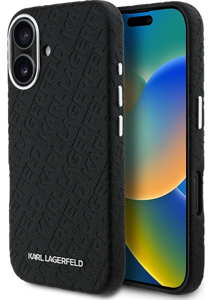 iPhone 16 Uyumlu Kılıf Karl Lagerfeld Lisanslı Pu Deri Damgalı Metal Yazı Logolu Kapak Siyah