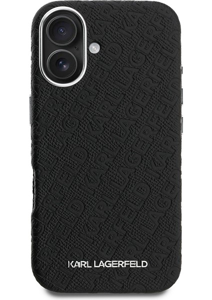 iPhone 16 Uyumlu Kılıf Karl Lagerfeld Lisanslı Pu Deri Damgalı Metal Yazı Logolu Kapak Siyah modelleri