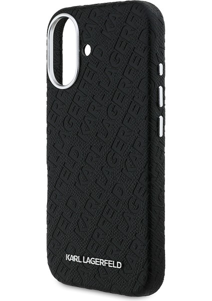 iPhone 16 Uyumlu Kılıf Karl Lagerfeld Lisanslı Pu Deri Damgalı Metal Yazı Logolu Kapak Siyah