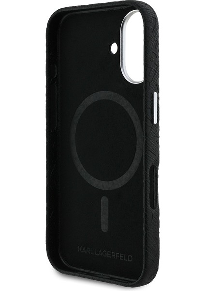 iPhone 16 Uyumlu Kılıf Karl Lagerfeld Lisanslı Pu Deri Damgalı Metal Yazı Logolu Kapak Siyah