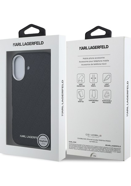 iPhone 16 Uyumlu Kılıf Karl Lagerfeld Lisanslı Pu Deri Damgalı Metal Yazı Logolu Kapak Siyah