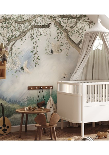 Renkli Bahar Çiçekleri ve Leylekler Doğa Temalı Çocuk Odası Duvar Kağıdı