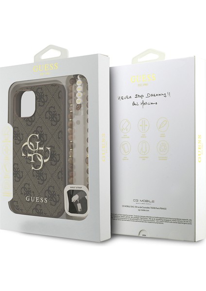 iPhone 14 Uyumlu Kılıf Guess Lisanslı Bilek Askı Ipli Metal 4g ve Yazı Logolu Kapak Kahverengi
