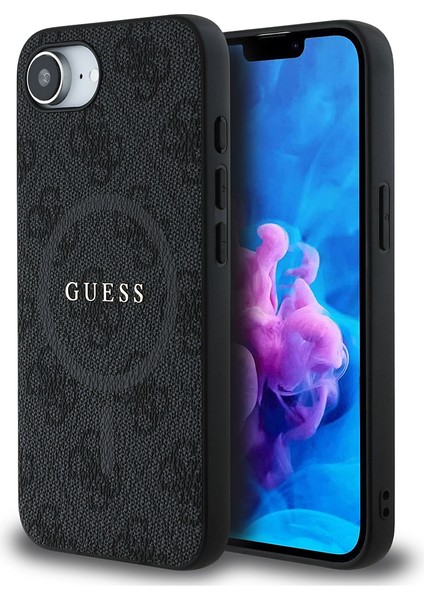 iPhone 16E Uyumlu Kılıf Guess Lisanslı M-Safe Uyumlu Pu Halkalı 4g Desenli Yazı Logolu Kapak Siyah