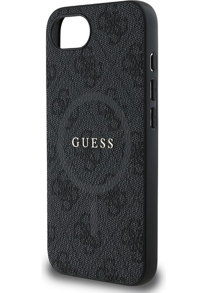 iPhone 16E Uyumlu Kılıf Guess Lisanslı M-Safe Uyumlu Pu Halkalı 4g Desenli Yazı Logolu Kapak Siyah
