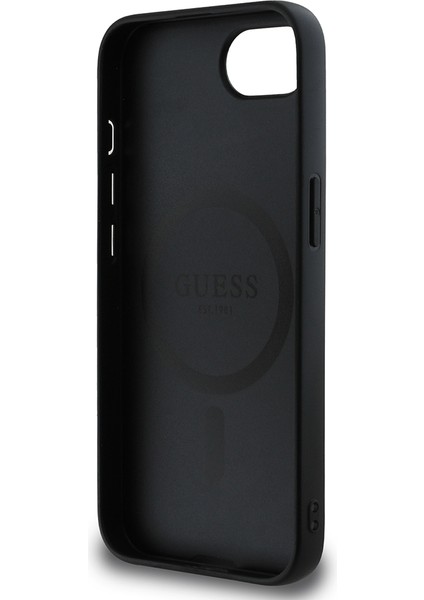 iPhone 16E Uyumlu Kılıf Guess Lisanslı M-Safe Uyumlu Pu Halkalı 4g Desenli Yazı Logolu Kapak Siyah