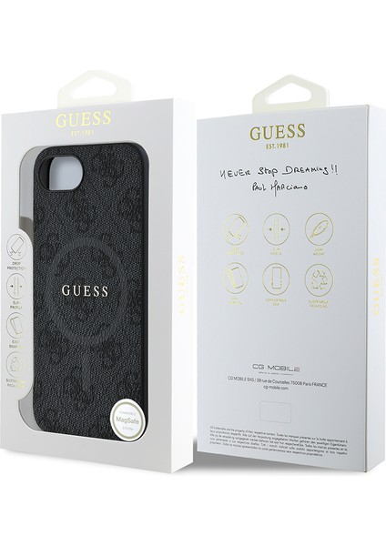 iPhone 16E Uyumlu Kılıf Guess Lisanslı M-Safe Uyumlu Pu Halkalı 4g Desenli Yazı Logolu Kapak Siyah