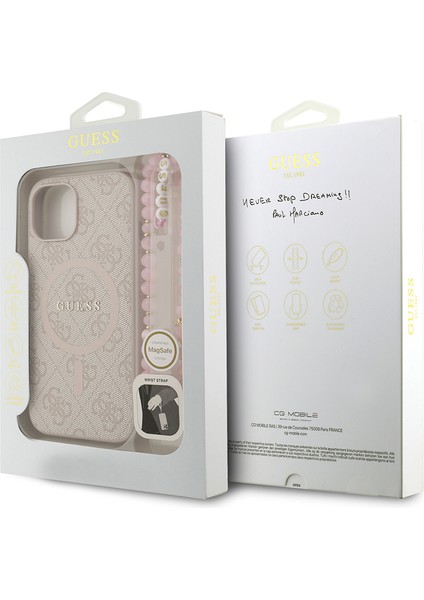 iPhone 14 Uyumlu Kılıf Guess Lisanslı M-Safe Uyumlu Bilek Askı Ipli Yazı Logolu Kapak Pembe
