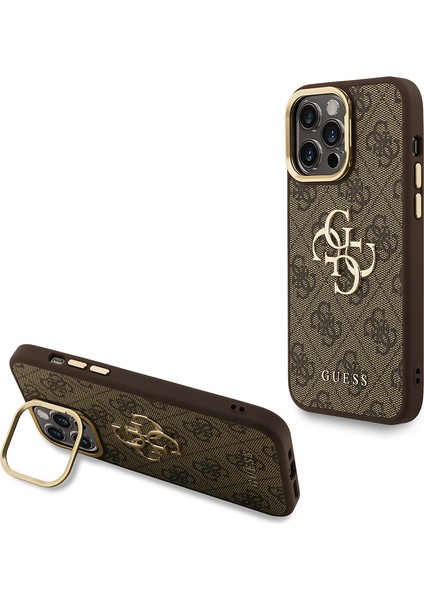 iPhone 13 Pro Max Uyumlu Kılıf Guess Lisanslı Metal 4g ve Yazı Logolu Kamera Standlı Kapak Kahve