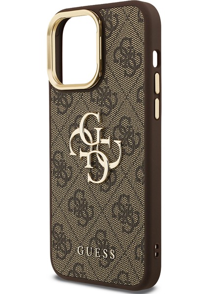 iPhone 13 Pro Max Uyumlu Kılıf Guess Lisanslı Metal 4g ve Yazı Logolu Kamera Standlı Kapak Kahve