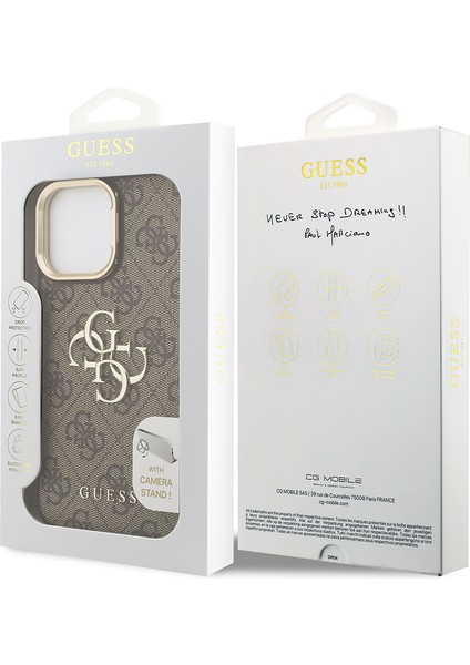 iPhone 13 Pro Max Uyumlu Kılıf Guess Lisanslı Metal 4g ve Yazı Logolu Kamera Standlı Kapak Kahve