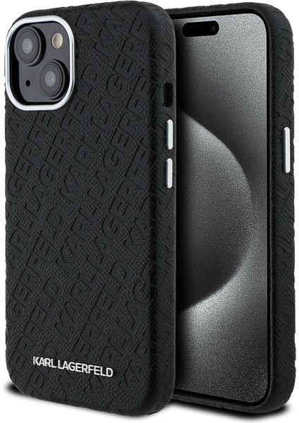 iPhone 15 Uyumlu Kılıf Karl Lagerfeld Lisanslı Pu Deri Damgalı Metal Yazı Logolu Kapak Siyah