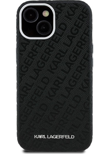 iPhone 15 Uyumlu Kılıf Karl Lagerfeld Lisanslı Pu Deri Damgalı Metal Yazı Logolu Kapak Siyah modelleri