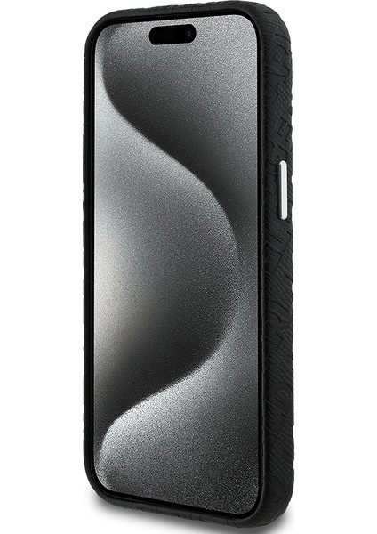 iPhone 15 Uyumlu Kılıf Karl Lagerfeld Lisanslı Pu Deri Damgalı Metal Yazı Logolu Kapak Siyah indirimleri