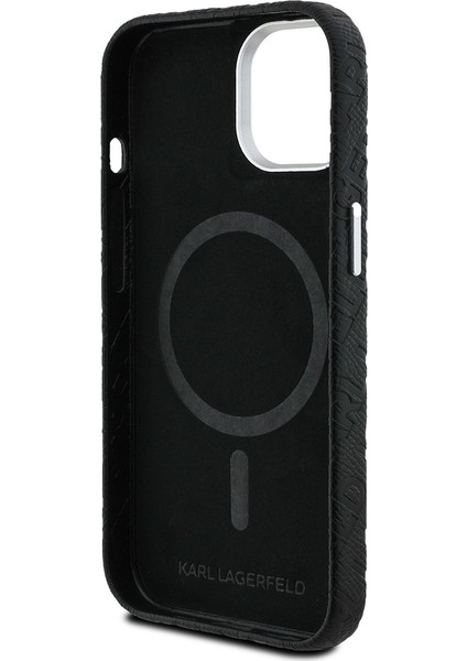 iPhone 15 Uyumlu Kılıf Karl Lagerfeld Lisanslı Pu Deri Damgalı Metal Yazı Logolu Kapak Siyah