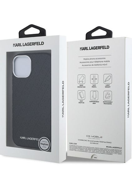 iPhone 15 Uyumlu Kılıf Karl Lagerfeld Lisanslı Pu Deri Damgalı Metal Yazı Logolu Kapak Siyah