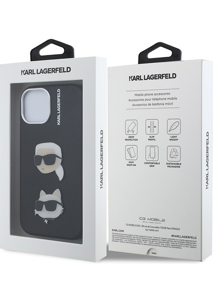 iPhone 15 Uyumlu Kılıf Karl Lagerfeld Lisanslı K&c Heads Pin Kapak Siyah