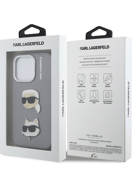 iPhone 16 Pro Max Uyumlu Kılıf Karl Lagerfeld Lisanslı K&c Heads Pin Kapak Gri